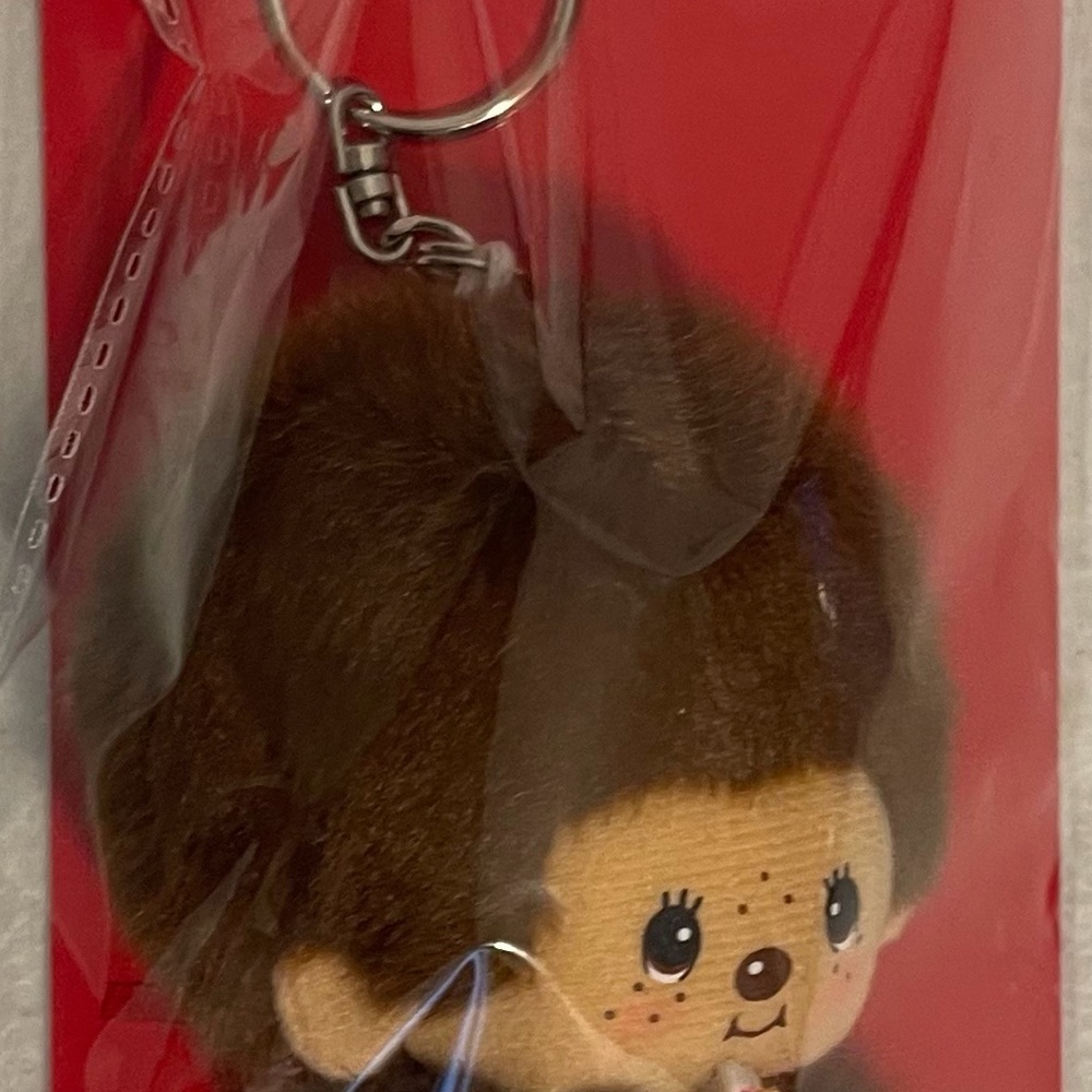 Sekiguchi MONCHHICHI Classic Boy Monkey Plushie keychain 4" Red Bib. NWT